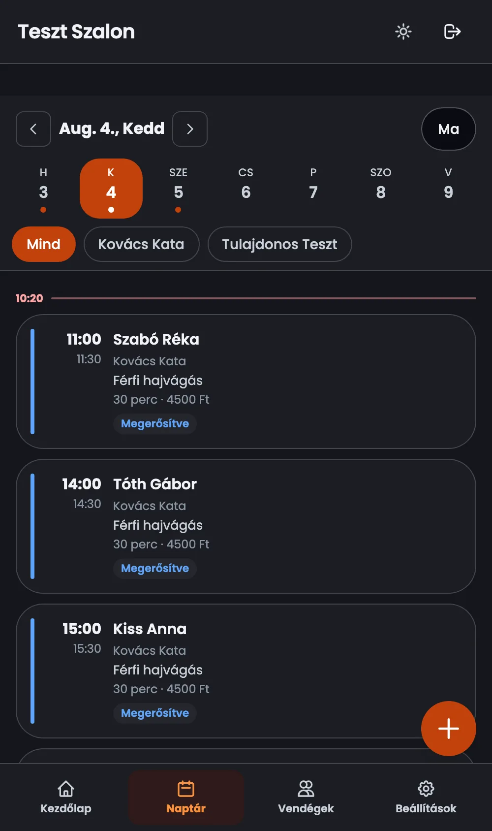 A szalon napi nézete telefonon: foglalások időponttal, vendéggel, szolgáltatással és állapottal