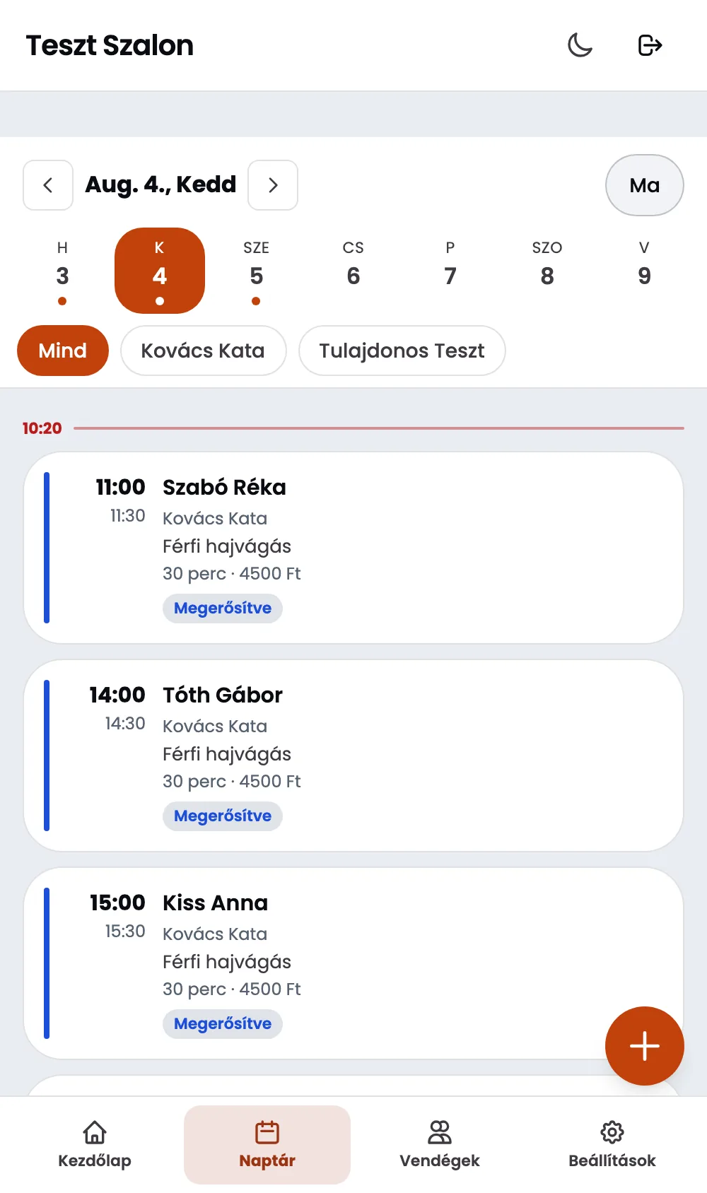 A szalon napi nézete telefonon: foglalások időponttal, vendéggel, szolgáltatással és állapottal